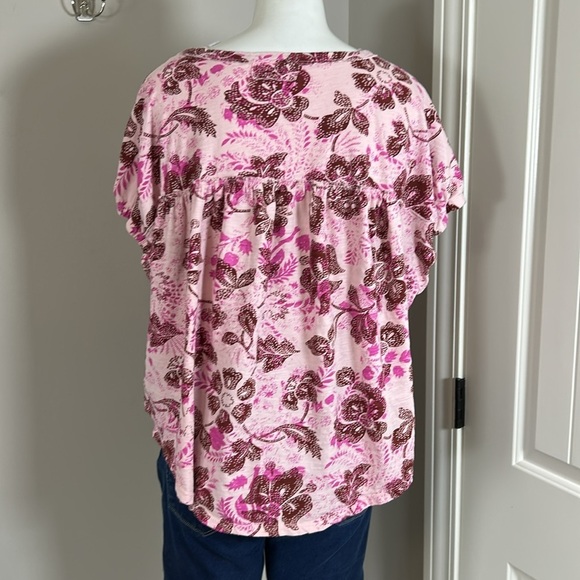 Anthropologie Pilcro Top Pink Combo Floral Ruched Henley Tee Size L - Picture 7 of 14